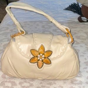 Coldwater creek leather shoulder handbag purse cream ivory. Tan wood flower